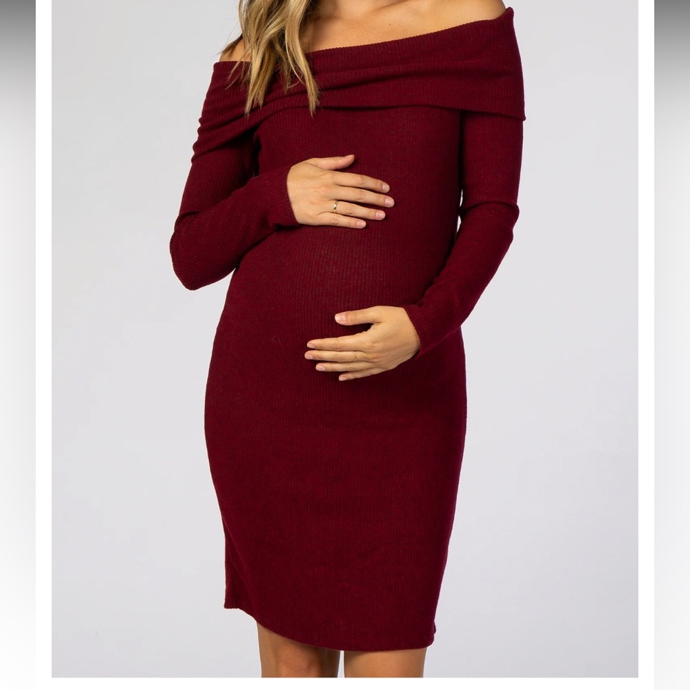 EUC- Pink Blush Ribbed Off the shoulder Sweater Dress Maternity - burgundy